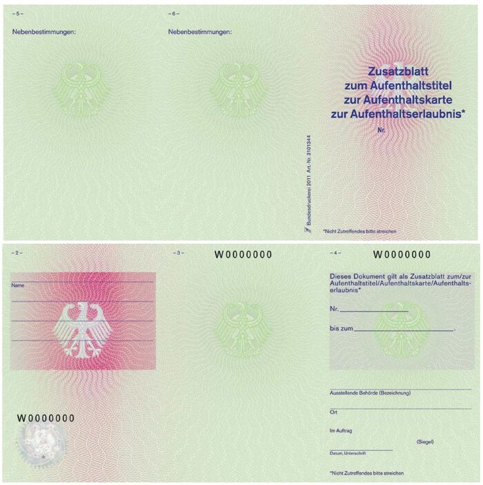 Zusatzblatt zum Aufenthaltstitel in grün, mit Textfeldern für Name, Nummer, Ausstellende Behörde, Ort und Unterschrift, Vorder- und Rückseite eines Faltblatts
