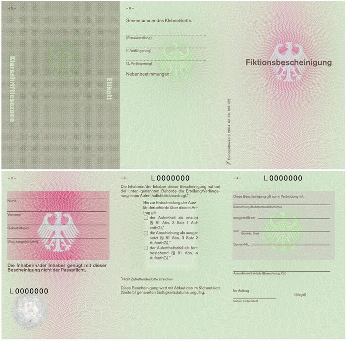 Vordruck der Fiktionsbescheinigung: Grünes Faltblatt mit Seriennummer und Zeilen für persönliche Daten, ohne Einträge beidseitig