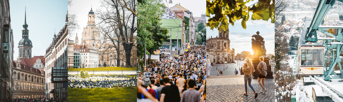 Collage aus sechs Fotos und der Wortmarke des Dresden Welcome Center. Auf den Fotos sind Dresdener Stadtansichten, Menschenmenge bei Veranstaltung, ein Innenraum mit weißen Miniaturgebäuden und zwei Personen mit ferngesteuertem Auto, sowie einer weiteren Stadtansicht mit historischer Schwebebahn im Schnee.