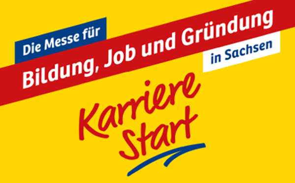 Text auf gelbem Hintergrund: 'Die Messe für Bildung, Job und Gründung in Sachsen', 'Karrierestart', '23. – 25. Jan. 2026 MESSE DRESDEN'.