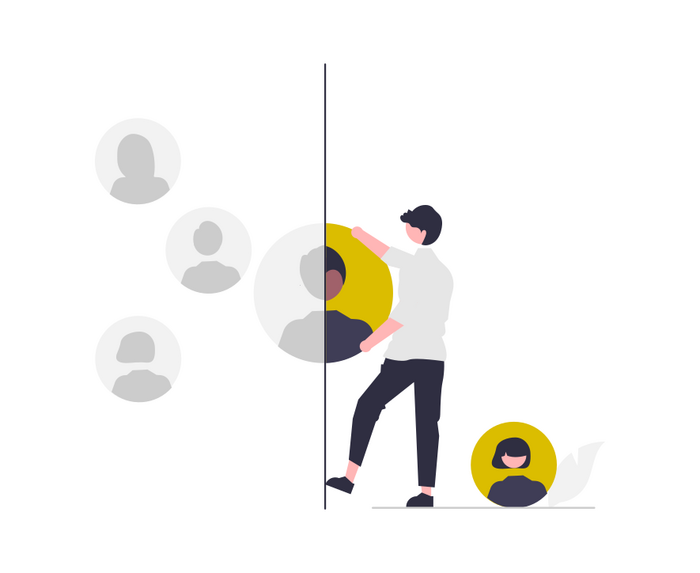 Eine Person in weißem Hemd und schwarzer Hose zieht eine Trennwand, während schemenhafte Figuren und zwei gelbe Kreise mit Personen darin sichtbar sind.