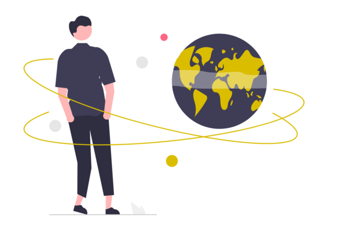 Zeichnung: Person steht neben einer stilisierten Weltkugel mit gelben Kontinenten, umgeben von gelben Umlaufbahnen und farbigen Punkten.
