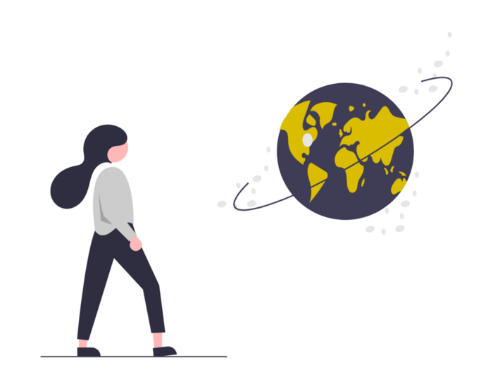 Zeichnung: Frau mit langem Haar steht und blickt auf eine stilisierte Weltkugel mit Umlaufbahn.