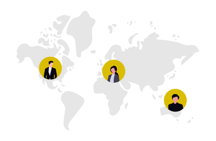 Eine Zeichnung: An drei Stellen auf einer Weltkarte sind in einem gelben Kreis jeweils ein Mensch abgebildet. Ein Mann in Amerika, Eine Frau in Europa und ein Mann in Australien.