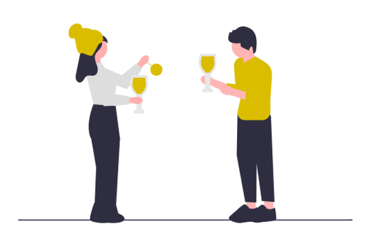 Illustration: Zwei Personen, eine mit gelber Mütze und weißem Oberteil, die andere mit gelbem Oberteil, stoßen mit goldfarbenen Gläsern an.