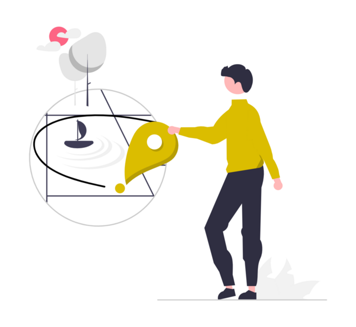 Zeichnung: Person mit gelbem Pullover hält großen gelben Standortmarker vor stilisierter Karte mit Segelboot und Baum.