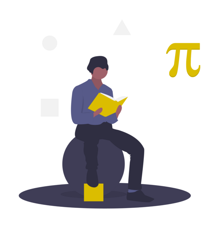 Eine Zeichnung: Ein Mann sitzt auf einem Gymnastikball und liest ein Buch. Rechts neben ihm sieht man ein großes "Pi"-Zeichen.