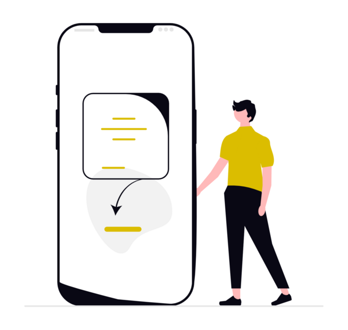 Person steht neben großem Smartphone mit geöffneter App zur Suche von Freizeitveranstaltungen.