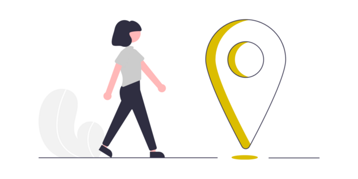 Eine Zeichnung: Links ist eine gehende Frau. Rechts daneben ein großes Standortvermerk-Symbol.