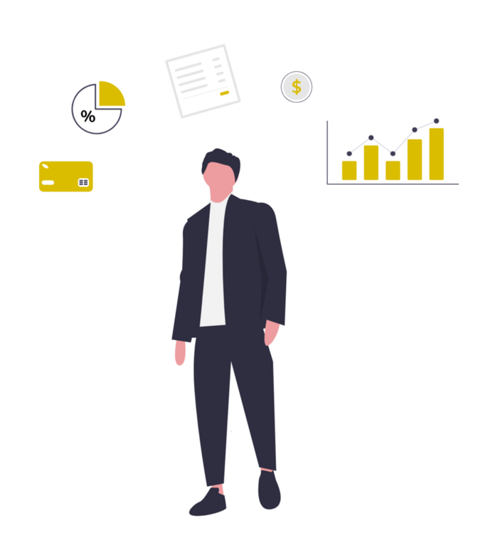 Zeichnung: Person in dunklem Anzug und weißem T-Shirt, umgeben von Symbolen für Finanzen: Tortendiagramm, Dokument, Münze, Kreditkarte und Balkendiagramm.