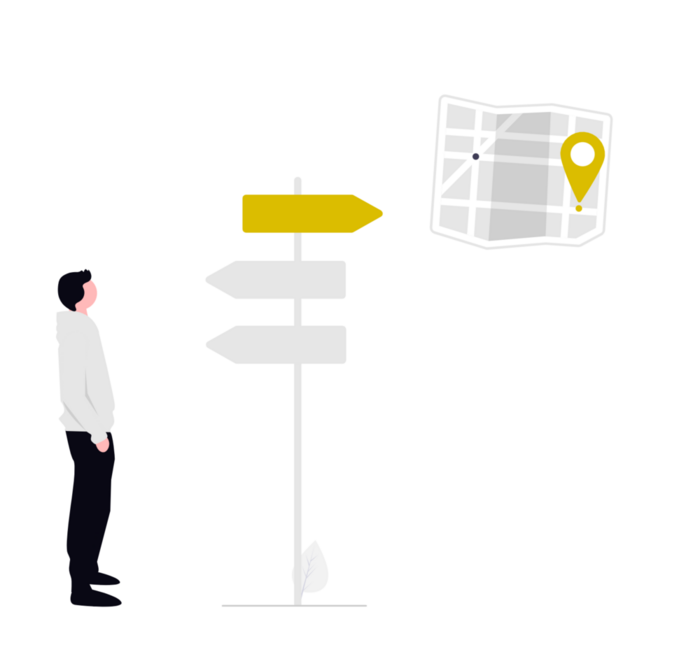 Zeichnung: Person steht vor einem Wegweiser mit einem gelben Richtungspfeil und einer Karte mit gelbem Standortmarker.