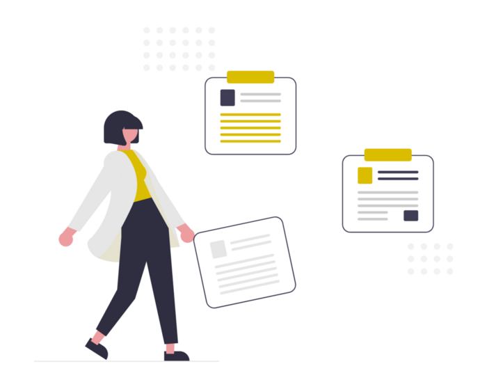 Zeichnung: Frau mit schwarzem Bob, weißer Jacke und gelbem Oberteil geht, umgeben von drei schwebenden Notizzetteln mit gelben Markierungen.