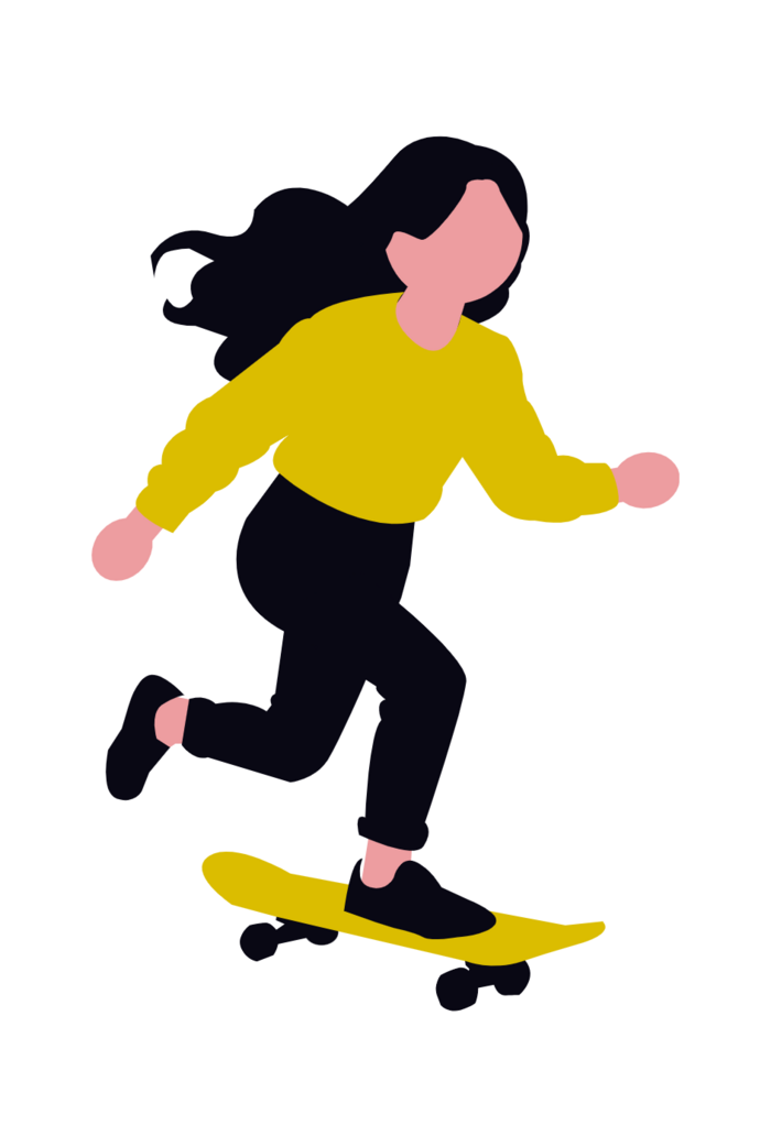 Frau mit langen schwarzen Haaren fährt auf einem gelben Skateboard, trägt gelben Pullover und schwarze Hose.