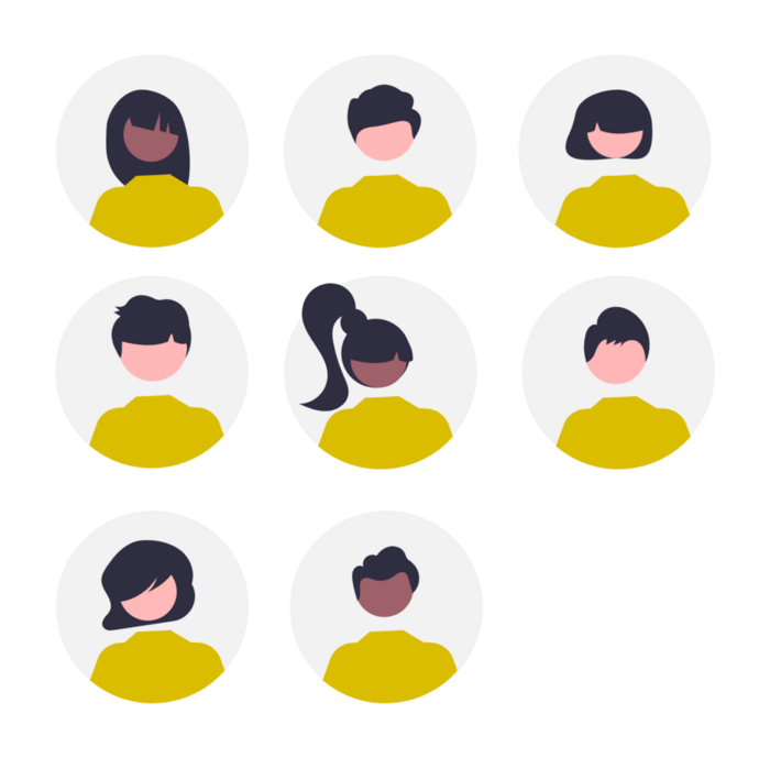 Zeichnung: Acht stilisierte Personen in runden Kreisen, alle tragen gelbe Oberteile. Die Gesichter sind unterschiedlich: vier mit langen Haaren, vier mit kurzen Haaren, verschiedene Hauttöne.