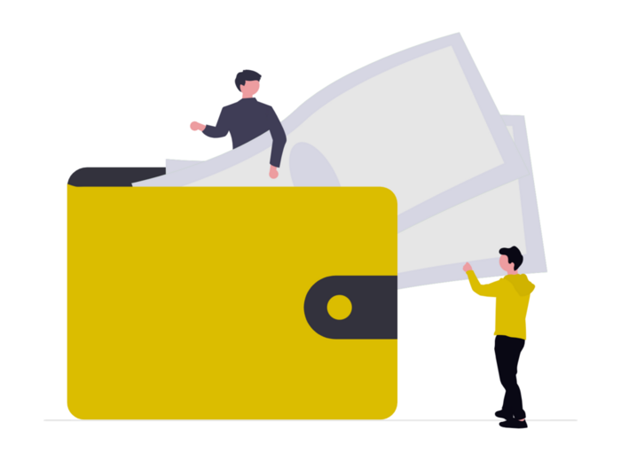 Zeichnung: Person in dunklem Anzug und weißem T-Shirt, umgeben von Symbolen für Finanzen: Tortendiagramm, Dokument, Münze, Kreditkarte und Balkendiagramm.